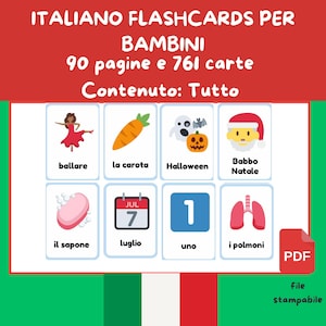 Flashcards de italiano para crianças, cartões de vocabulário ESL para impressão, alfabeto, cores, animais, verbos, formas, rotinas diárias, download digital, PDF