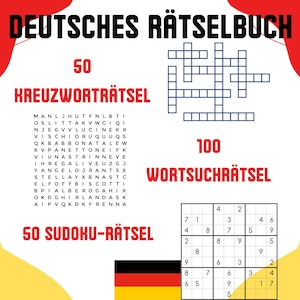 Könnte beinhalten: Ein deutsches Rätselbuch mit rotem, gelbem und schwarzem Cover. Das Buch enthält 50 Kreuzworträtsel, 100 Wortsuchrätsel und 50 Sudoku-Rätsel.