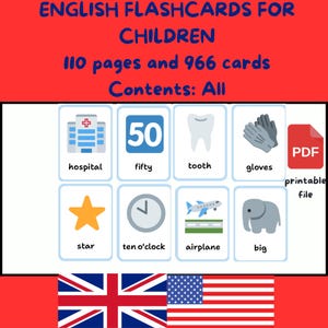 May include: A set of 110 printable flashcards for children, featuring colorful illustrations and English words. The flashcards include images of a hospital, the number 50, a tooth, gloves, a star, a clock, an airplane, and an elephant. The text "Contents: All" is visible at the top of the image. The image also includes the text "PDF printable file".
