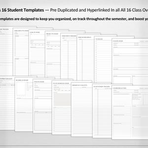 Op de afbeelding: Een set van 16 afdrukbare studentplanner-sjablonen. De sjablonen zijn ontworpen om studenten te helpen georganiseerd te blijven en op schema te blijven gedurende het semester. De tekst "Includes 16 Student Templates - Pre Duplicated and Hyperlinked In All 16 Class Overviews." staat bovenaan de afbeelding. De tekst "These templates are designed to keep you organized, on track throughout the semester, and boost your GPA." staat onder de eerste regel tekst.
