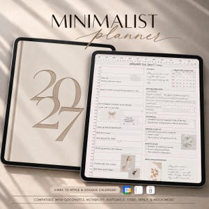 May include: Two tablets displaying a digital planner. The left screen shows a beige cover with the year 2027. The right screen displays a daily schedule for January 1st, 2027, with task lists, a calendar, and notes. Text includes MINIMALIST planner.