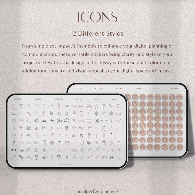 Icons 1 & 2: Access a comprehensive collection of versatile icons in two distinct styles and color variations, providing clarity and visual interest to your digital projects across multiple platforms and applications.