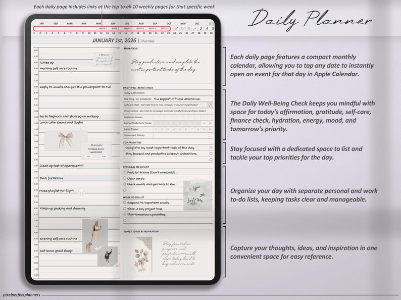 Digital 2026 ADHD planner with dated minimalist modern vertical templates designed for iPad tablets, fully compatible with Goodnotes and Notability apps