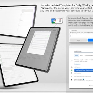 Op de afbeelding: Een digitale planner-app met een grijze achtergrond en een witte interface. De app bevat sjablonen voor dagelijkse, wekelijkse en maandelijkse planning. De app bevat ook een snelkoppeling om gebeurtenissen en herinneringen toe te voegen aan andere apps zoals Apple Calendar, Google Calendar en Reminders.