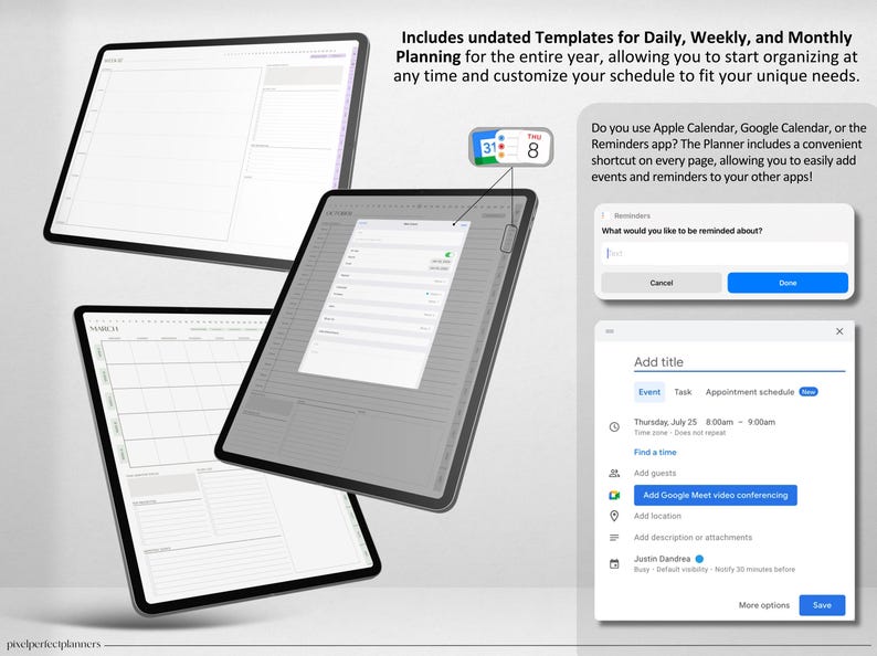 Op de afbeelding: Een digitale planner-app met een grijze achtergrond en een witte interface. De app bevat sjablonen voor dagelijkse, wekelijkse en maandelijkse planning. De app bevat ook een snelkoppeling om gebeurtenissen en herinneringen toe te voegen aan andere apps zoals Apple Calendar, Google Calendar en Reminders.