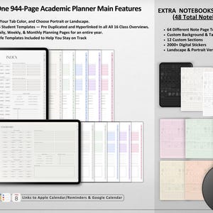 Op de afbeelding: Een digitale planner met 944 pagina's, met een verscheidenheid aan sjablonen voor dagelijkse, wekelijkse en maandelijkse planning. De planner bevat 16 studentensjablonen, meer dan 100 levenssjablonen en 64 verschillende notitiepagina-sjablonen. De planner is beschikbaar in zowel portret- als landschapsori&euml;ntatie. De planner bevat ook 12 aangepaste secties, meer dan 2000 digitale stickers en links naar Apple Calendar, Reminders en Google Calendar.
