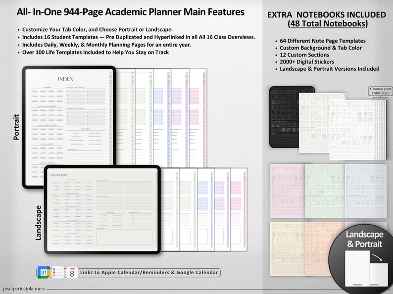 Op de afbeelding: Een digitale planner met 944 pagina's, met een verscheidenheid aan sjablonen voor dagelijkse, wekelijkse en maandelijkse planning. De planner bevat 16 studentensjablonen, meer dan 100 levenssjablonen en 64 verschillende notitiepagina-sjablonen. De planner is beschikbaar in zowel portret- als landschapsori&euml;ntatie. De planner bevat ook 12 aangepaste secties, meer dan 2000 digitale stickers en links naar Apple Calendar, Reminders en Google Calendar.