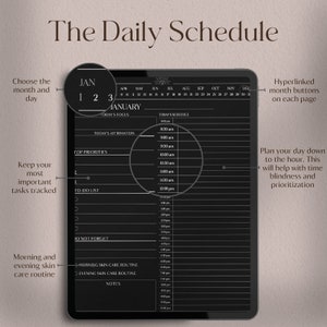 May include: Black and white digital planner with a daily schedule, a calendar, and sections for to-do lists, notes, and affirmations. The planner is designed to help users plan their day down to the hour.