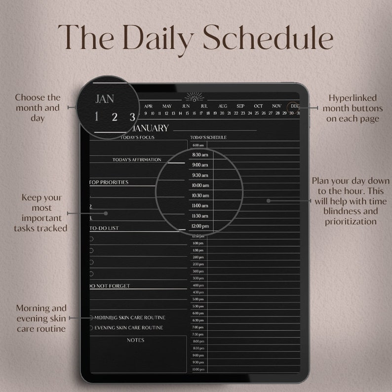 May include: Black and white digital planner with a daily schedule, a calendar, and sections for to-do lists, notes, and affirmations. The planner is designed to help users plan their day down to the hour.