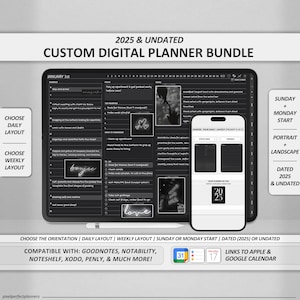 Digital Planner 2025 | GoodNotes Planner, Daily Planner, Weekly Planner, Dark iPad Planner, Google/Apple Calendar Links, Notability Planner