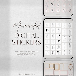 May include: Digital sticker set with a minimalist theme. The image features digital stickers in a variety of styles, including line art portraits, icons, and frames. The text on the image reads "Minimalist DIGITAL STICKERS".