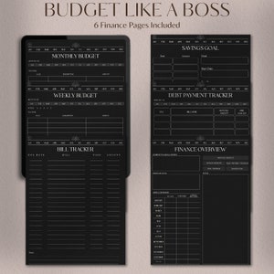 May include: Six black and white printable budget pages with headings for monthly budget, weekly budget, bill tracker, savings goal, debt payment tracker, and finance overview. Each page includes a calendar with months of the year and columns for tracking income, expenses, and amounts.