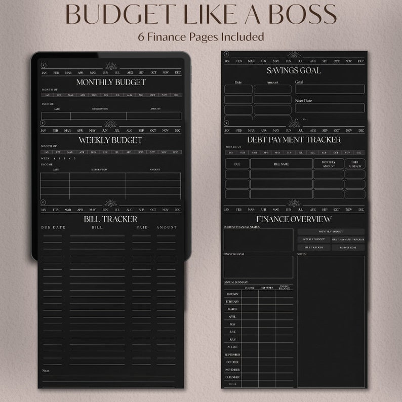 May include: Six black and white printable budget pages with headings for monthly budget, weekly budget, bill tracker, savings goal, debt payment tracker, and finance overview. Each page includes a calendar with months of the year and columns for tracking income, expenses, and amounts.