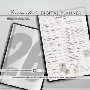 May include: A digital planner with a minimalist design. The planner includes a calendar for January 1st, 2026, and features a daily to-do list, notes, and inspiration sections. The text "Minimalist Digital Planner" is at the top.
