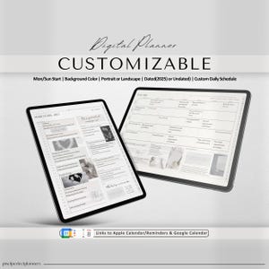 May include: A digital planner template on a tablet screen. The planner is customizable with options for a Monday or Sunday start, background color, portrait or landscape orientation, dated or undated, and a custom daily schedule. The planner also includes links to Apple Calendar, Reminders, and Google Calendar.