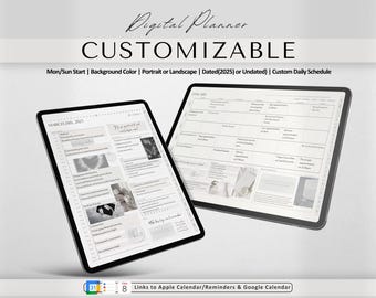May include: A digital planner template on a tablet screen. The planner is customizable with options for a Monday or Sunday start, background color, portrait or landscape orientation, dated or undated, and a custom daily schedule. The planner also includes links to Apple Calendar, Reminders, and Google Calendar.