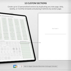 Op de afbeelding: Een digitale planner met 12 aangepaste secties. De planner bevat een verscheidenheid aan sjablonen voor notitiepagina's, dagelijkse, wekelijkse en maandelijkse planning. De planner bevat ook links naar Apple Calendar, Reminders en Google Calendar.