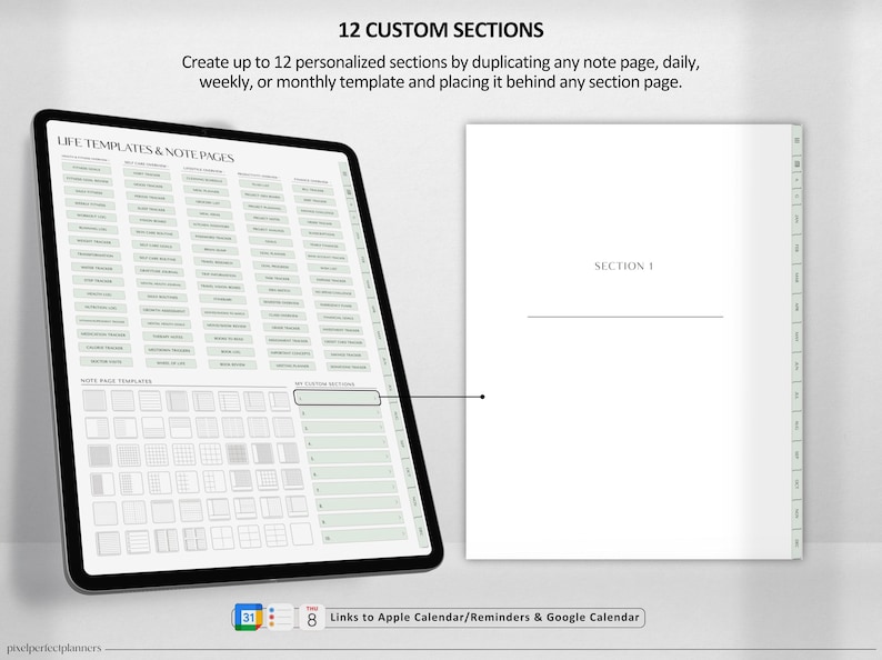 Op de afbeelding: Een digitale planner met 12 aangepaste secties. De planner bevat een verscheidenheid aan sjablonen voor notitiepagina's, dagelijkse, wekelijkse en maandelijkse planning. De planner bevat ook links naar Apple Calendar, Reminders en Google Calendar.