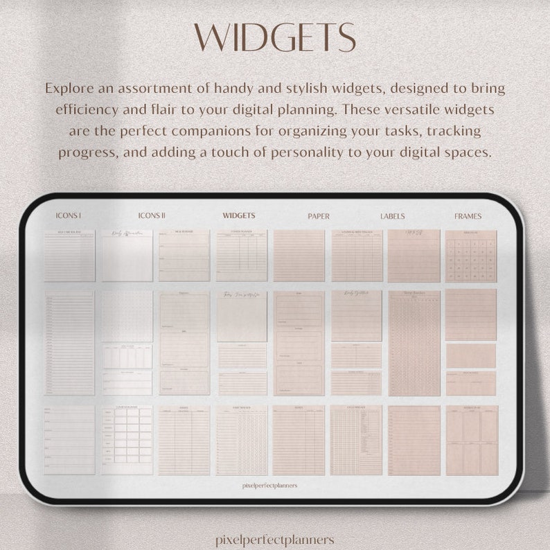 Widgets: Explore a diverse array of functional and visually appealing widgets—schedule trackers, habit reminders, and more—that seamlessly integrate into digital planners and journals, enhancing organization and productivity.