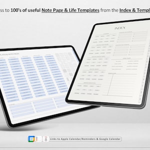 Op de afbeelding: Twee digitale tablets die een pagina met notitiepagina's en levenstemplates weergeven. De linker tablet toont een raster met meer dan 100 templates. De rechter tablet toont een indexpagina met het woord "INDEX" bovenaan. De tekst "Links naar Apple Agenda/Herinneringen en Google Agenda" staat onderaan de afbeelding.