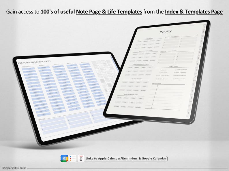 Op de afbeelding: Twee digitale tablets die een pagina met notitiepagina's en levenstemplates weergeven. De linker tablet toont een raster met meer dan 100 templates. De rechter tablet toont een indexpagina met het woord "INDEX" bovenaan. De tekst "Links naar Apple Agenda/Herinneringen en Google Agenda" staat onderaan de afbeelding.