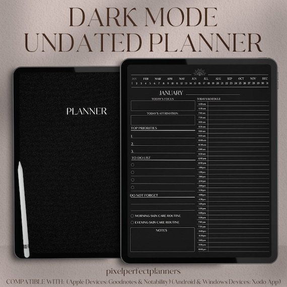Dark Mode Digital Planner: Undated, Goodnotes iPad Journal (PDF)