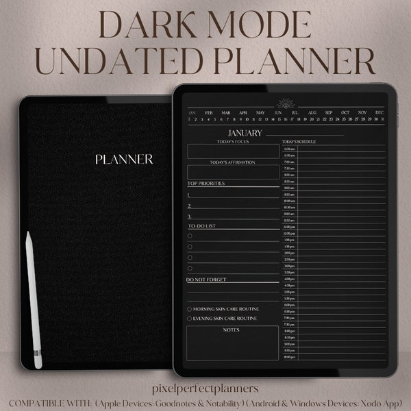 Dark Mode Digital Planner: Undated, Goodnotes iPad Journal (PDF)