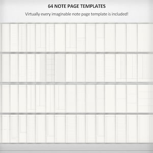 Op de afbeelding: Een verzameling van 64 verschillende notitiepagina sjablonen. De sjablonen worden in rijen weergegeven op een witte achtergrond. De tekst "64 NOTE PAGE TEMPLATES" staat bovenaan de afbeelding. De tekst "Virtually every imaginable note page template is included!" staat onder de titel.