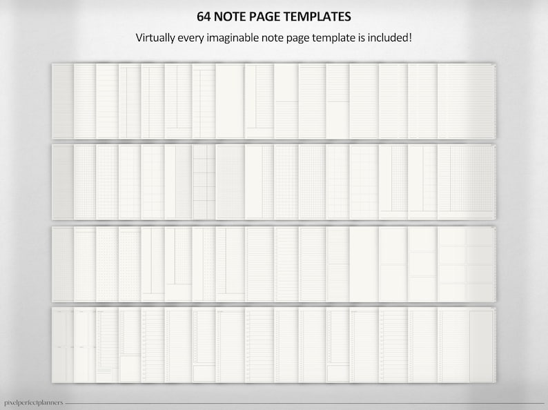 Op de afbeelding: Een verzameling van 64 verschillende notitiepagina sjablonen. De sjablonen worden in rijen weergegeven op een witte achtergrond. De tekst "64 NOTE PAGE TEMPLATES" staat bovenaan de afbeelding. De tekst "Virtually every imaginable note page template is included!" staat onder de titel.