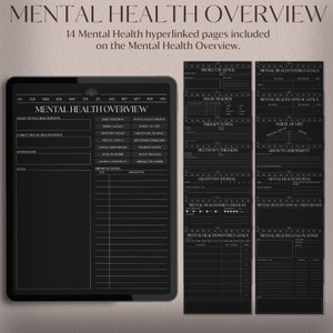 May include: A black and white digital planner with 14 pages for mental health tracking. The pages include sections for daily check-in, weekly goals, monthly goals, annual goals, next month's health journal, wheel of life, gratitude journal, therapy notes, meltdown triggers, growth assessment, goal planner, mood tracker, and project planner.