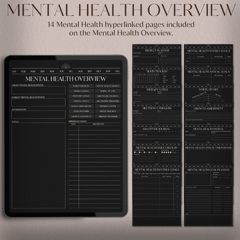 May include: A black and white digital planner with 14 pages for mental health tracking. The pages include sections for daily check-in, weekly goals, monthly goals, annual goals, next month's health journal, wheel of life, gratitude journal, therapy notes, meltdown triggers, growth assessment, goal planner, mood tracker, and project planner.