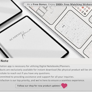 Op de afbeelding: Een witte digitale planner met de tekst "ACADEMIC planner" op het scherm. De afbeelding toont een digitale planner met een gratis bonus van meer dan 2000 bijpassende stickers. De tekst "Please Note" staat onder de afbeelding met een lijst met opmerkingen over het product.