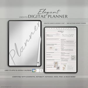 May include: A digital planner app mockup on a tablet screen. The app has a white background with black text and a gray and white planner design. The text on the screen says "SEPTEMBER 1st". The text at the bottom of the image says "LINKS TO APPLE & GOOGLE CALENDAR" and "COMPATIBLE WITH GOODNOTES, NOTABILITY, NOTESHELF, XODO, PENLY, & MUCH MORE!"