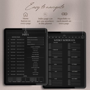 May include: A black digital planner with a monthly and weekly schedule layout. The planner has a tabbed index with categories like "Mental Health Overview", "Yearly Overview", and "Productivity".