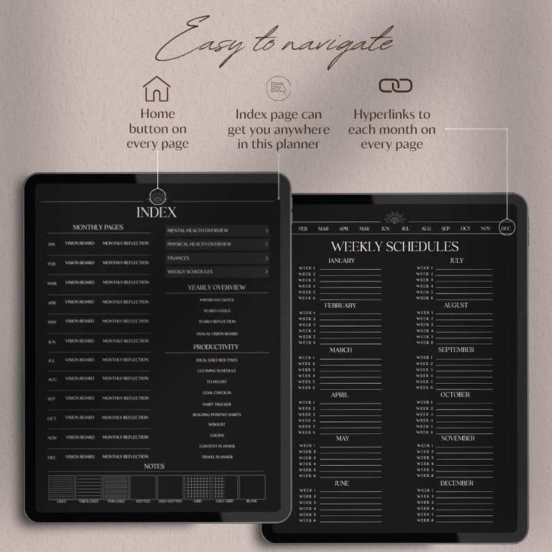 May include: A black digital planner with a monthly and weekly schedule layout. The planner has a tabbed index with categories like "Mental Health Overview", "Yearly Overview", and "Productivity".