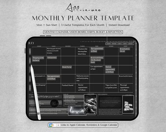 Monthly Planner Goodnotes Template | Dark Mode Monthly Planner Page, Monthly Digital Planner, Undated Monthly Planner, Goodnotes, Notability