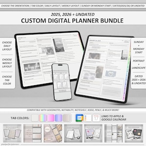 May include: A digital planner bundle for 2025, 2026, and undated years. The bundle includes different layouts, including daily, weekly, and monthly. The planner is compatible with Goodnotes, Notability, Noteshelf, Xodo, Penly, and more. The bundle also includes links to Apple and Google Calendar.