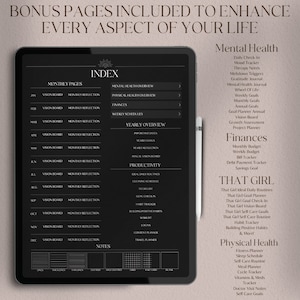 May include: A black and white digital planner with a list of pages for each month of the year. The pages include vision boards, monthly reflections, mental health, physical health, finances, weekly schedules, yearly overview, productivity, and notes. The planner also includes a section for "That Girl" goals and a section for physical health.
