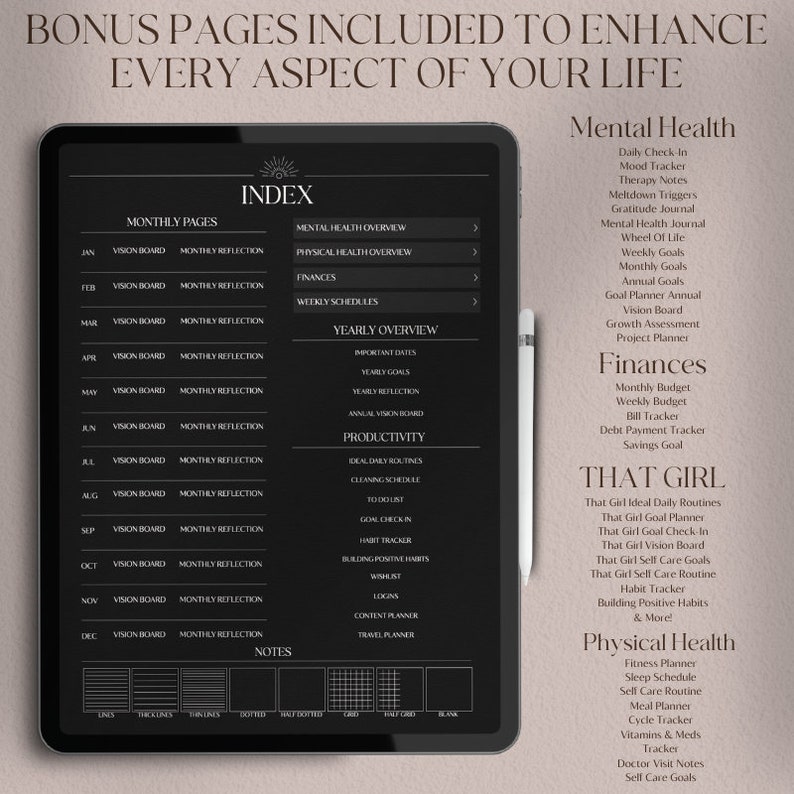 May include: A black and white digital planner with a list of pages for each month of the year. The pages include vision boards, monthly reflections, mental health, physical health, finances, weekly schedules, yearly overview, productivity, and notes. The planner also includes a section for "That Girl" goals and a section for physical health.