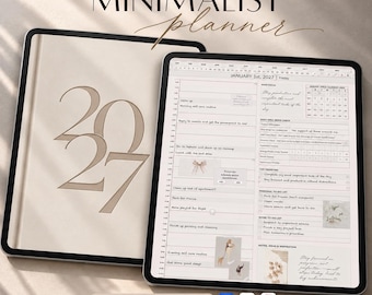 Puede incluir: Dos tabletas que muestran una agenda digital. La pantalla izquierda muestra una portada beige con el año 2027. La pantalla derecha muestra un horario diario para el 1 de enero de 2027, con listas de tareas y notas. Texto: MINIMALIST planner.