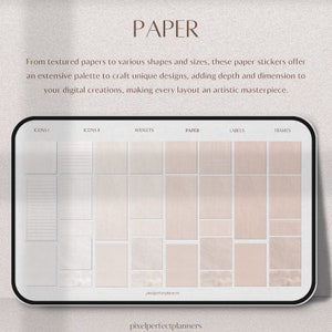 Paper Variety: Immerse yourself in a spectrum of textured and sized papers—ideal for backgrounds or layering—that add depth and character to your digital layouts, fostering creativity and customization.