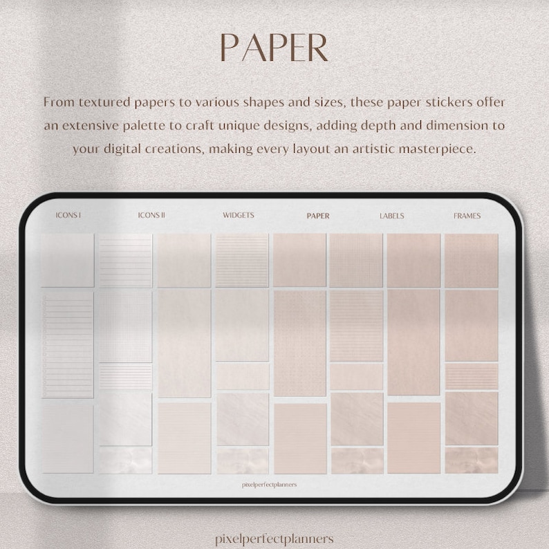 Paper Variety: Immerse yourself in a spectrum of textured and sized papers—ideal for backgrounds or layering—that add depth and character to your digital layouts, fostering creativity and customization.