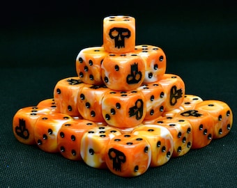 Orange Swirl Dice Set, Skull & Destruction Symbols, 16mm