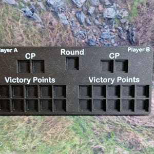 Op de afbeelding: Een zwart scorebord met witte tekst voor een spel. Het bord heeft secties voor Speler A, Speler B, Ronde, CP en Overwinningspunten.