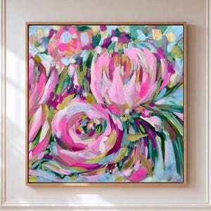 Soft Pink Blue Floral Abstract Painting, Expressive Botanical Canvas Wall Art Print