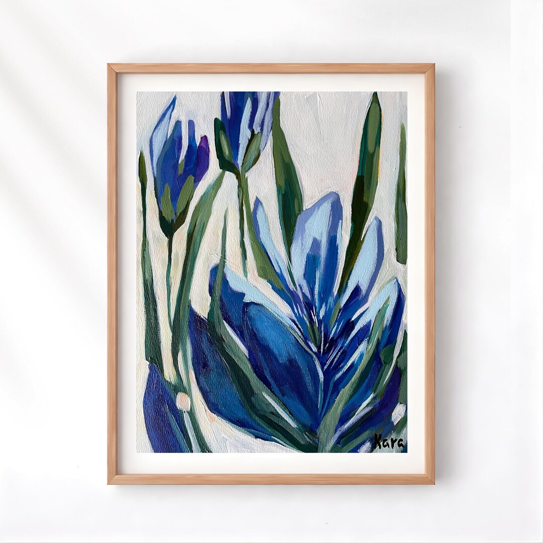 Blue Floral Abstract Art Print, Modern Botanical Wall Decor, Navy Green ...