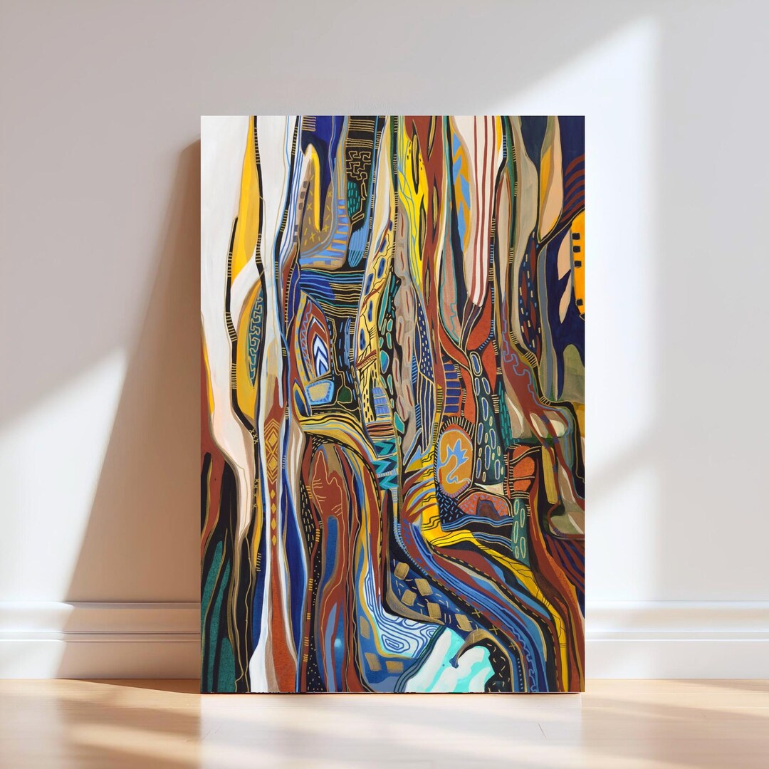 Original Blue and Yellow Abstract Canvas Art With Gold Accents - Large ...