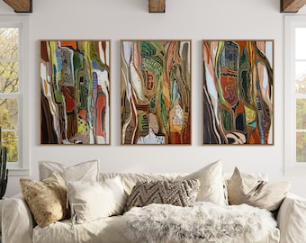 Earthy Abstract Art Prints Set,  Gallery Wall Decor, Large Brown Green Modern Decor