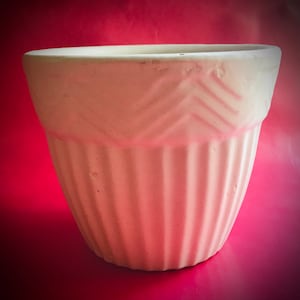 May include: White ceramic planter with a ribbed design and a chevron pattern around the top rim.