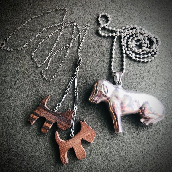 Pair of Vintage Wood and Silver Dog Necklaces - image 1